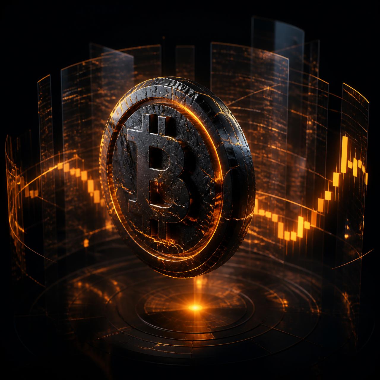 Rebel Trade Crypto — bitcoin sculpture wrapped in live candlestick data