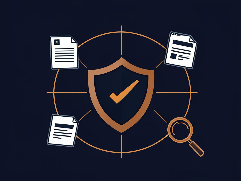 Illustration of a shield surrounded by research documents